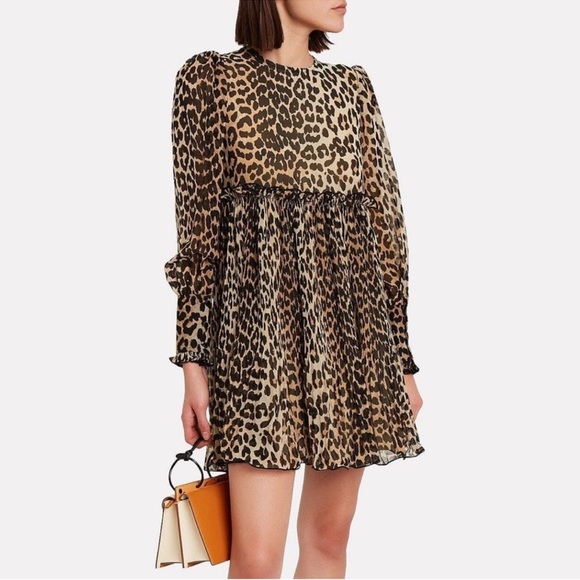 Ganni Dresses & Skirts - New GANNI leopard babydoll dress Puff Sleeves Mini S 2 XS